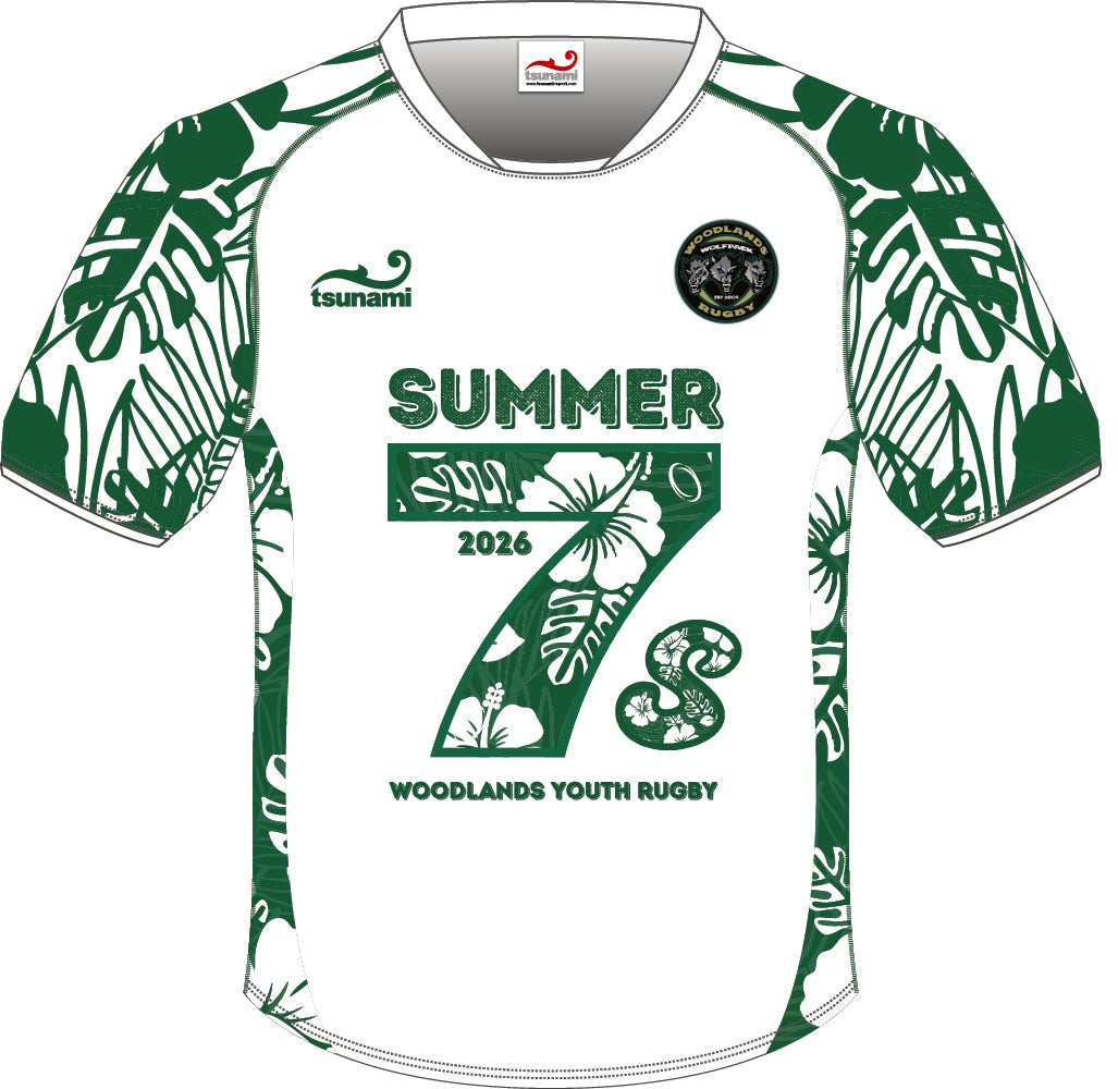 Green and white rugby jersey with 'Summer 7s' and 'Woodlands Youth Rugby' text on a white background